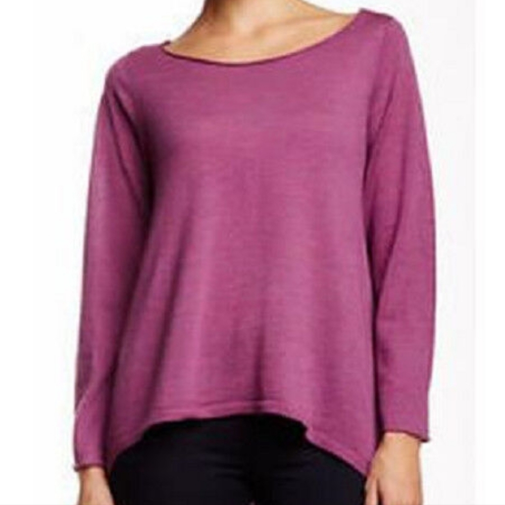Eileen Fisher Ballet Neck Pink Sherbet Merino Wool Sweater Hi Low Size Large